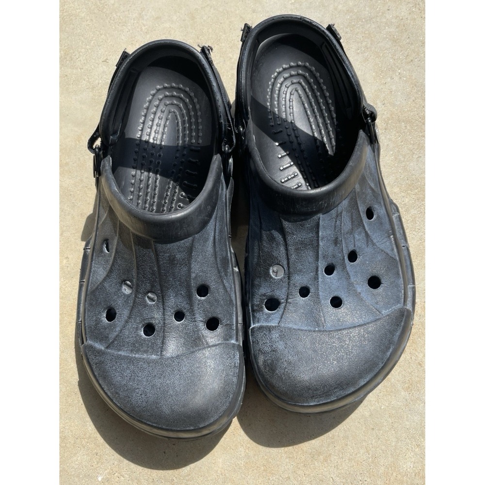 CROCS Men's Size 8 / Women's 10 SLIDE CLOGS BLACK /Blue/ Gray RUBBER‎